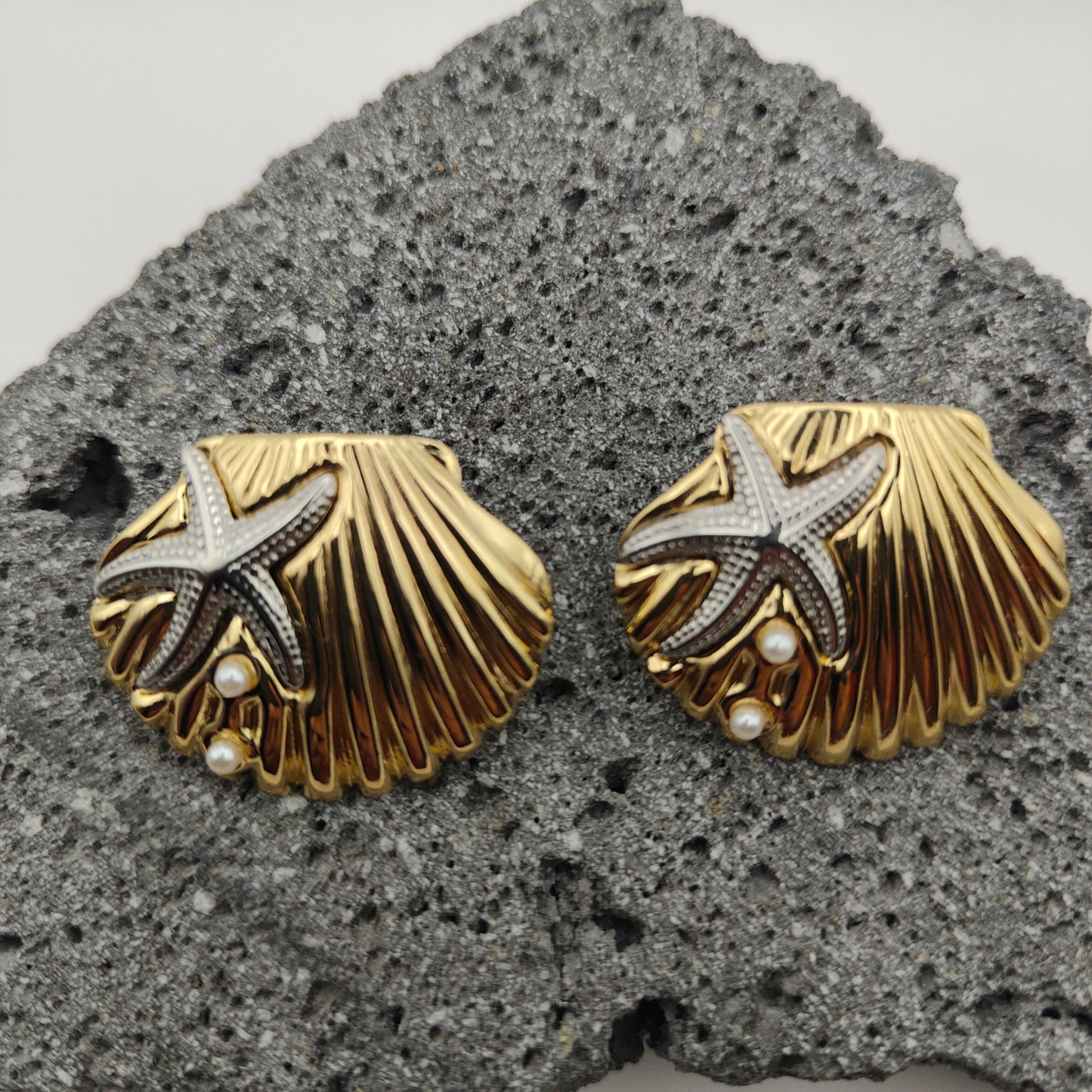 Aretes de Acero Inoxidable 304, Color Dorado, Estilo Moderno, Plateado, Perlas, Tendencia, Concha de Mar, Boutique, Estrella, Unisexo, Moda, Dos Tonos