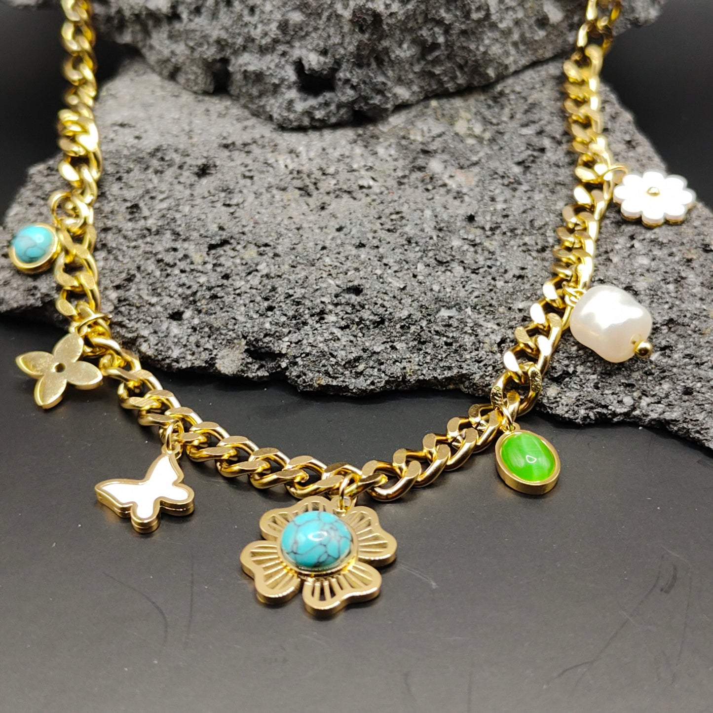 304 Stainless Steel Necklace, Gold Color, Modern Style, Trend, Charms, Multicolor, Artificial Stones, Unisex