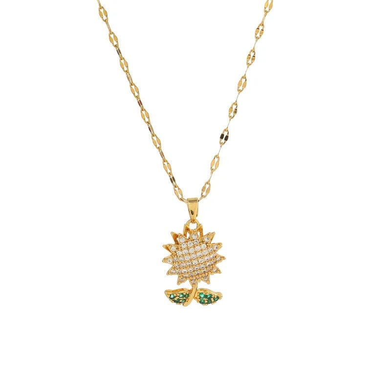 Collar de Acero Inoxidable, Boutique, Estilo Elegante, Flor, Enchapado, Girasol Giratorio, Brillante, Bisutería Fina, Circón, Unisexo, Colgante