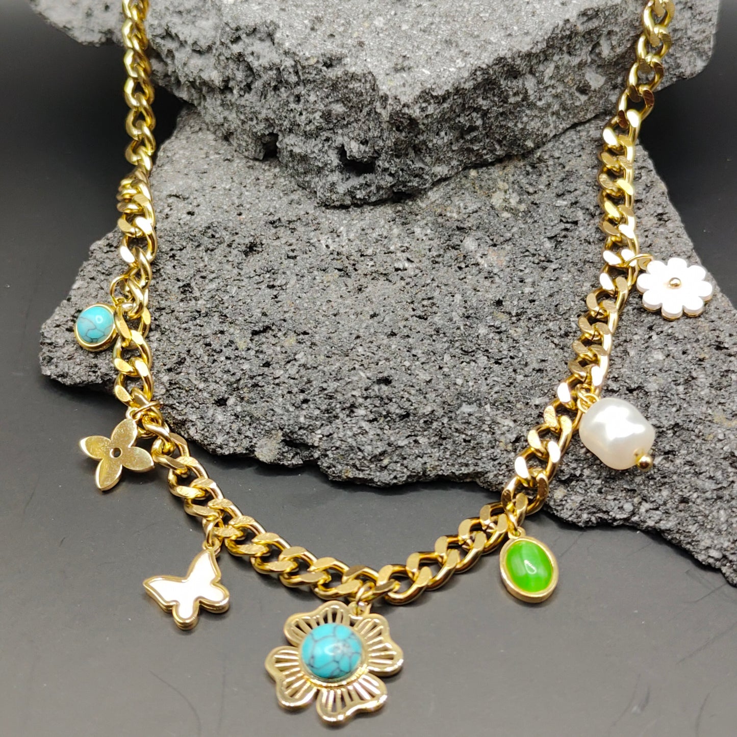 304 Stainless Steel Necklace, Gold Color, Modern Style, Trend, Charms, Multicolor, Artificial Stones, Unisex