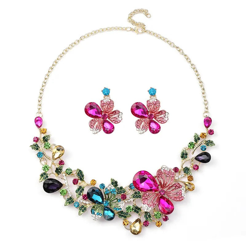 Jewelry Set, Fashion, Fantasy Jewelry, Set, Elegant Style, Flower Shape, Rhinestone, Pendant, Alloy, Unisex, Earrings