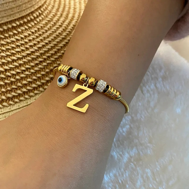 Pulsera de Acero Inoxidable, Ojo Turco, Boutique, Cuentas, Estilo Elegante, Diamante Artificial, Abecedario, Enchapado, Letra, Inicial, Suajado, Bisutería Fina, Unisexo, Alfabeto, Colgante