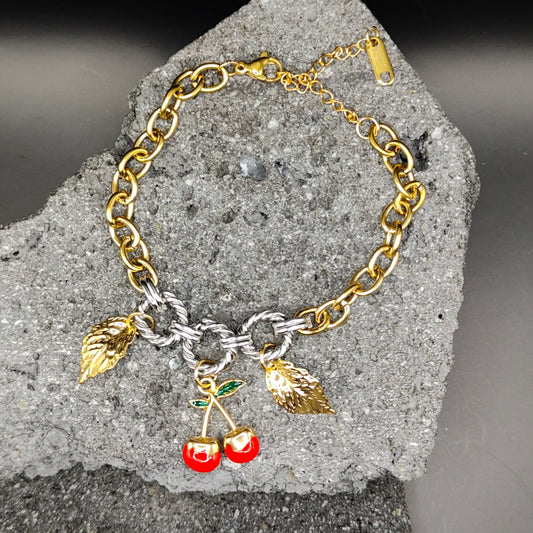 Pulsera de Acero Inoxidable 304, Color Dorado, Plateado, Estilo Elegante, Boutique, Tendencia, Dijes, Hojas, Titanio, Piedra Artificial, Frutas, Unisexo, Moda, Dos Tonos