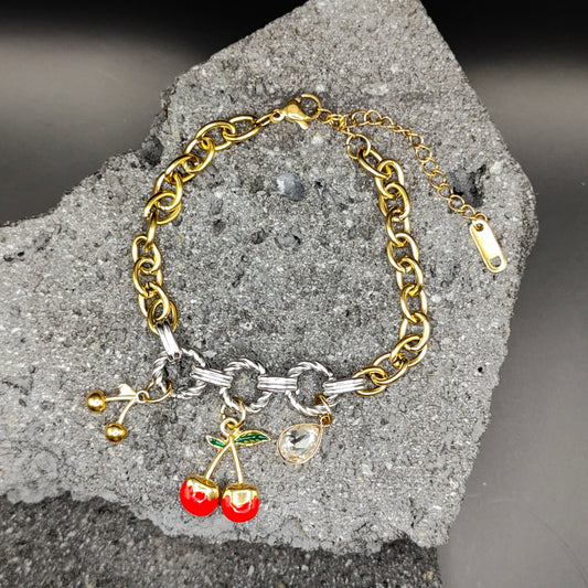Pulsera de Acero Inoxidable 304, Color Dorado, Plateado, Estilo Elegante, Boutique, Tendencia, Dijes, Titanio, Piedra Artificial, Frutas, Unisexo, Moda, Dos Tonos
