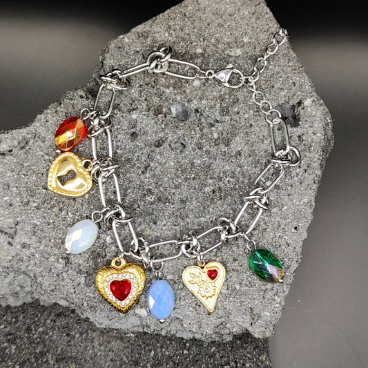 Pulsera de Acero Inoxidable 304, Color Plateado, Dorado, Estilo Elegante, Boutique, Tendencia, Dijes con Forma de Corazón, Piedra Artificial, Unisexo, Moda, Dos Tonos