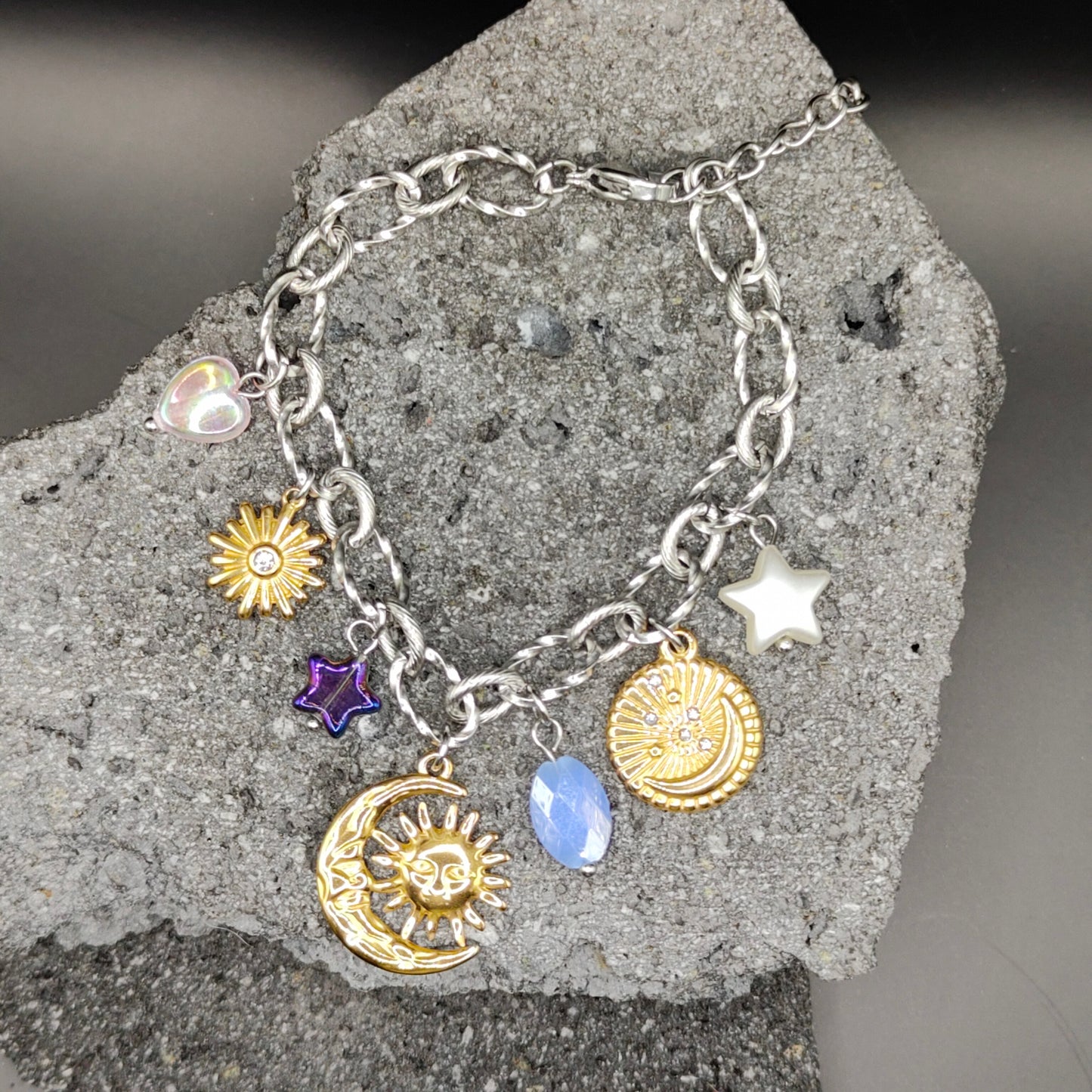 Pulsera de Acero Inoxidable 304, Color Plateado, Dorado, Estilo Elegante, Boutique, Tendencia, Dijes, Luna, Piedra Artificial, Unisexo, Moda, Dos Tonos