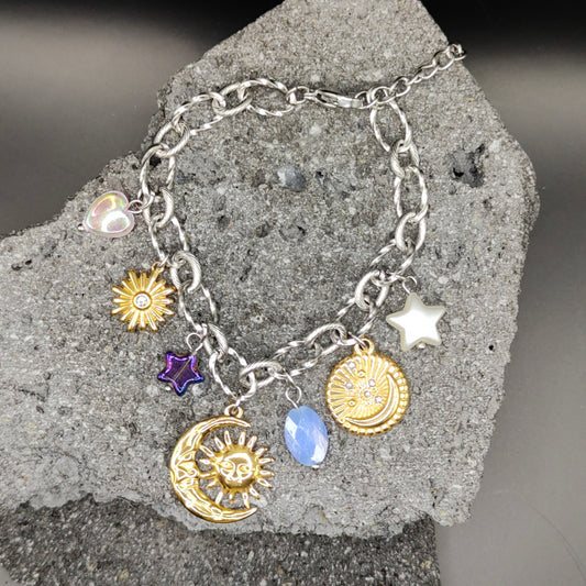 Pulsera de Acero Inoxidable 304, Color Plateado, Dorado, Estilo Elegante, Boutique, Tendencia, Dijes, Luna, Piedra Artificial, Unisexo, Moda, Dos Tonos