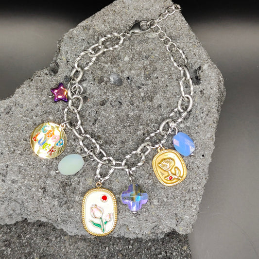 Pulsera de Acero Inoxidable 304, Color Plateado, Dorado, Estilo Elegante, Boutique, Tendencia, Dijes con Diseño Floral, Buena Suerte, Piedra Artificial, Unisexo, Moda, Dos Tonos