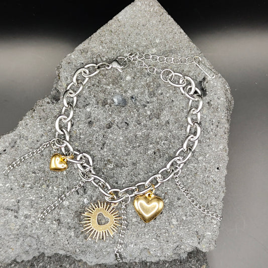 Pulsera de Acero Inoxidable 304, Color Plateado, Dorado, Estilo Moderno, Boutique, Forma de Corazón, Tendencia, Dijes, Titanio, Unisexo, Moda, Dos Tonos