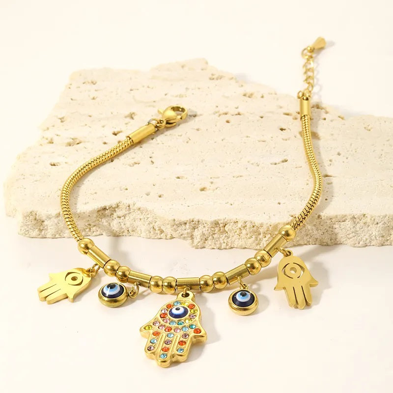 Pulsera de Acero Inoxidable, Boutique, Ojo Turco, Mano, Suajado, Enchapado, Bisutería Fina, Estilo Elegante, Circón, Multicolor, Lujoso, Unisexo