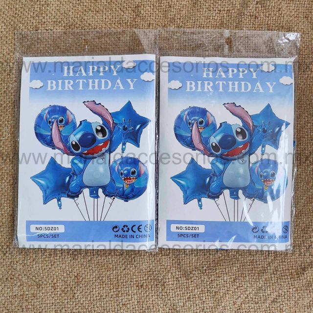 Set de Globos 5 Piezas, Temática Stich, Feliz Cumpleaños, Fiesta, Artículos para Fiesta, Estrellas, Decoración