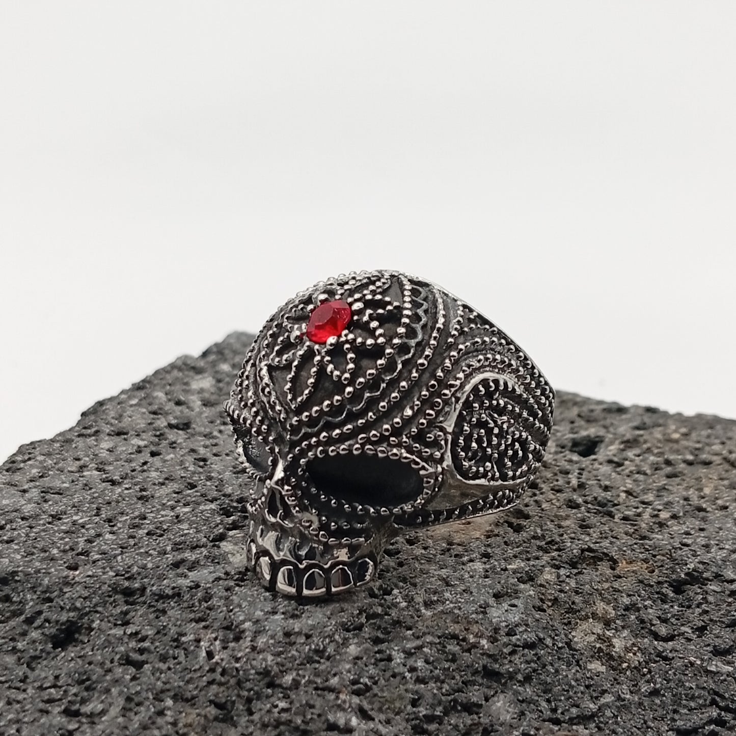 Anillo de Acero Inoxidable 304, Estilo Retro, Calavera, Cráneo, Flor, Catrina, Color Plateado, Piedras Preciosas Artificiales, Tendencia, Boutique, Unisexo, Moda