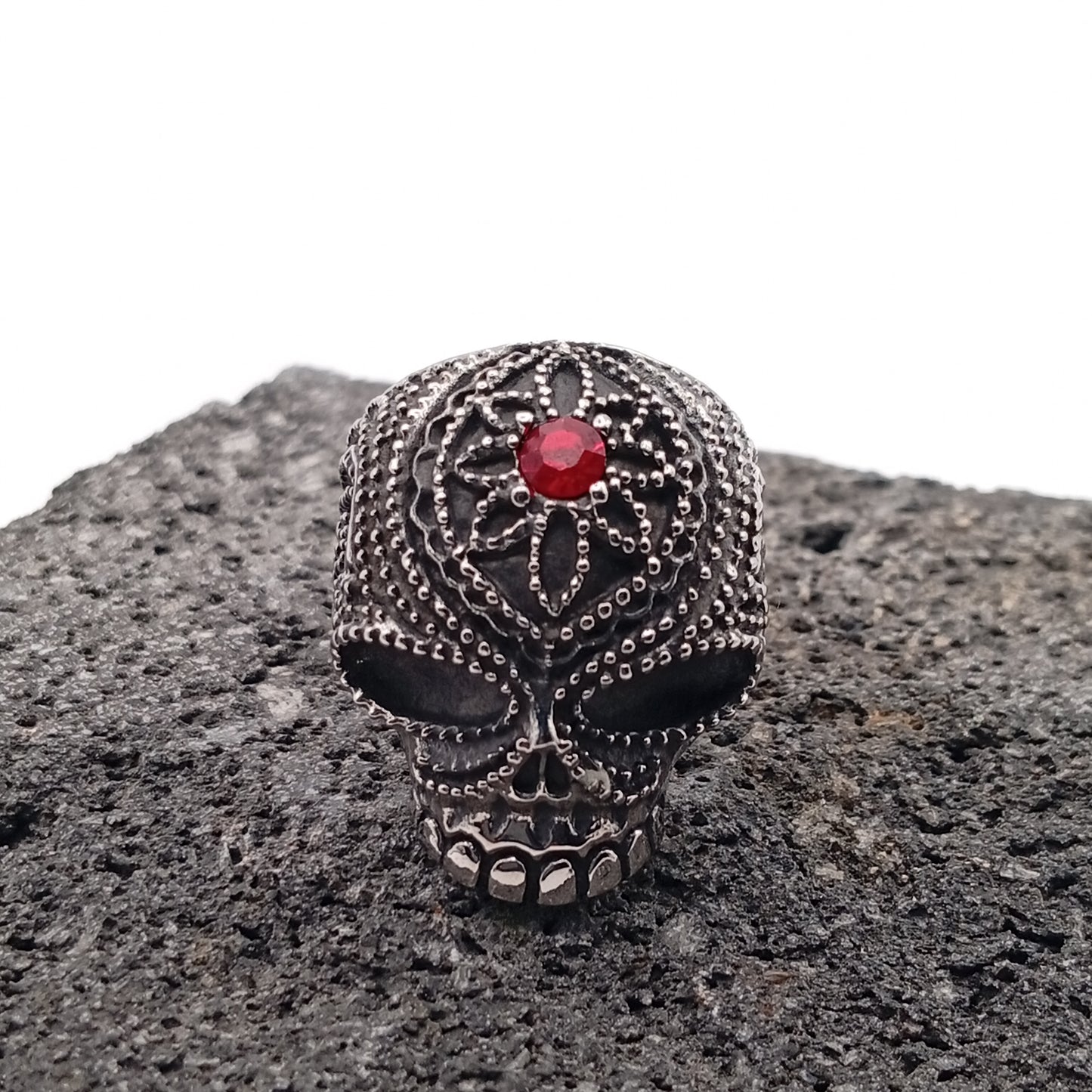 Anillo de Acero Inoxidable 304, Estilo Retro, Calavera, Cráneo, Flor, Catrina, Color Plateado, Piedras Preciosas Artificiales, Tendencia, Boutique, Unisexo, Moda
