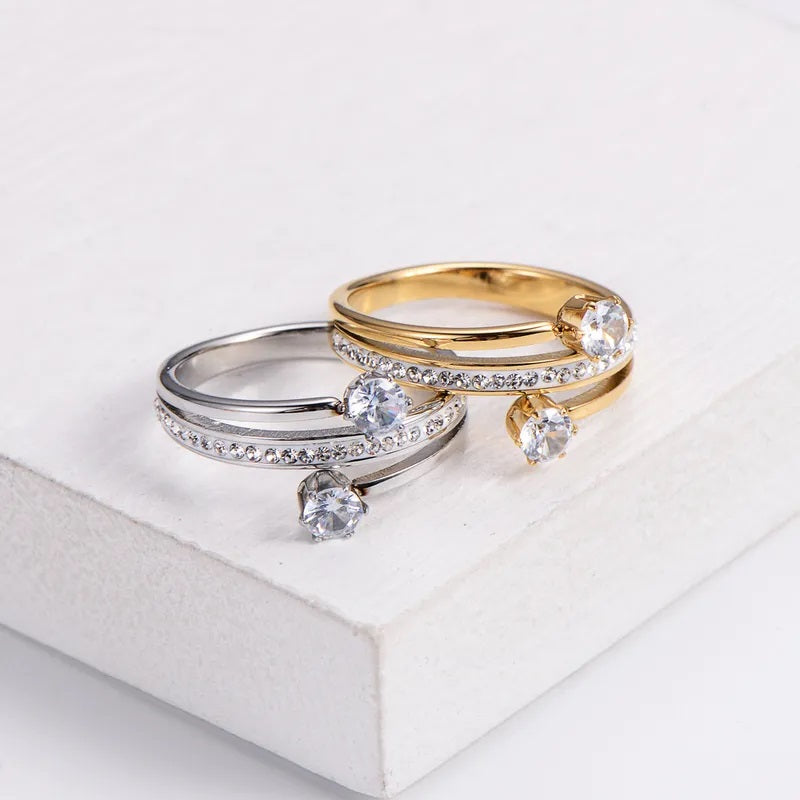 Stainless Steel Ring, Boutique, Shiny, Plated, Fine Jewelry, Geometric, Elegant Style, Zircon, Unisex