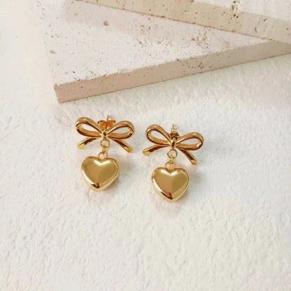 Stainless Steel Earrings, Boutique, Fine Jewelry, Vintage Style, Bow, Modern, Plated, Unisex, Bow Knot, Heart Shape