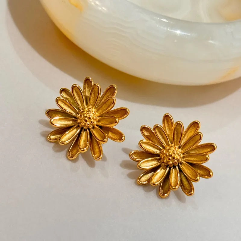Stainless Steel Earrings, Boutique, Fine Jewelry, Vintage Style, Petals, Modern, Plated, Unisex, Flower, Sunflower Shape