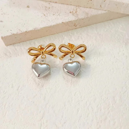 Stainless Steel Earrings, Boutique, Fine Jewelry, Vintage Style, Bow, Modern, Plated, Unisex, Bow Knot, Heart Shape