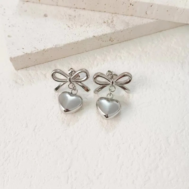 Stainless Steel Earrings, Boutique, Fine Jewelry, Vintage Style, Bow, Modern, Plated, Unisex, Bow Knot, Heart Shape