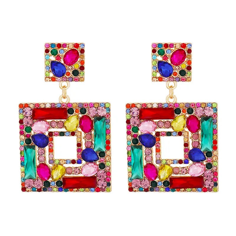 Fashion Earrings, Fantasy Jewelry, Long, Elegant Style, Color Diamonds, Geometric, Square, Alloy, Unisex, Pendant