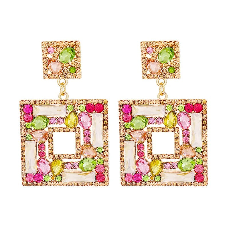 Fashion Earrings, Fantasy Jewelry, Long, Elegant Style, Color Diamonds, Geometric, Square, Alloy, Unisex, Pendant