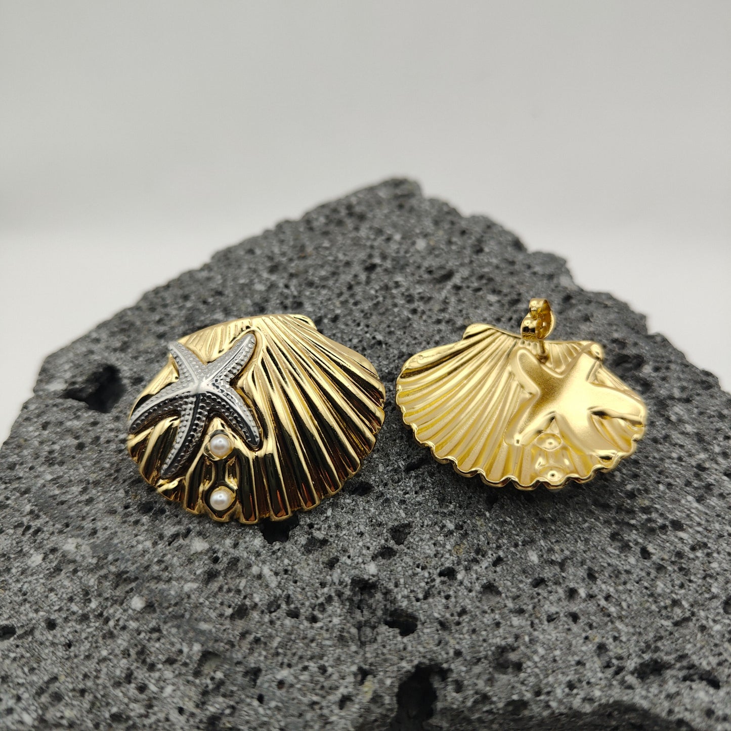 Aretes de Acero Inoxidable 304, Color Dorado, Estilo Moderno, Plateado, Perlas, Tendencia, Concha de Mar, Boutique, Estrella, Unisexo, Moda, Dos Tonos