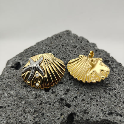Aretes de Acero Inoxidable 304, Color Dorado, Estilo Moderno, Plateado, Perlas, Tendencia, Concha de Mar, Boutique, Estrella, Unisexo, Moda, Dos Tonos