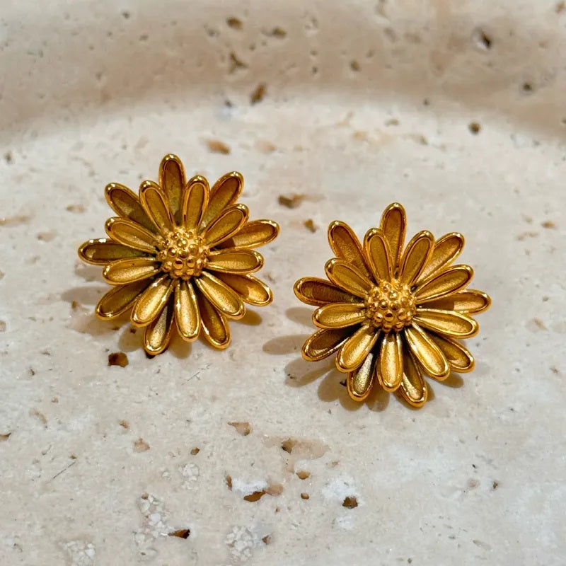 Stainless Steel Earrings, Boutique, Fine Jewelry, Vintage Style, Petals, Modern, Plated, Unisex, Flower, Sunflower Shape
