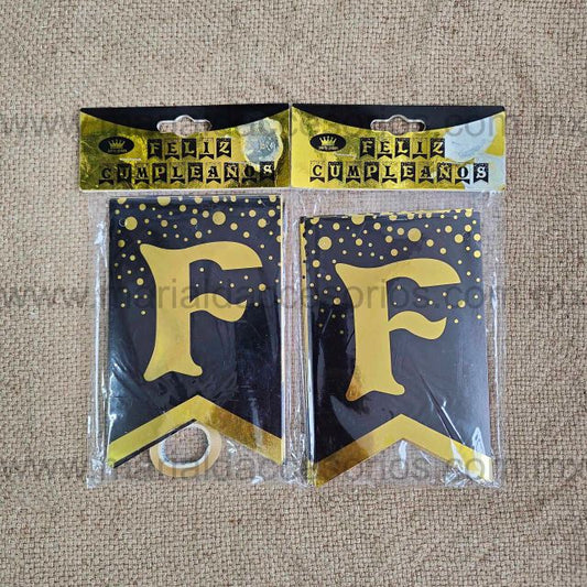 Banderín, Feliz Cumpleaños, Letras, Círculo, Color Dorado, Negro, Fiesta, Artículos para Fiesta, Decoración
