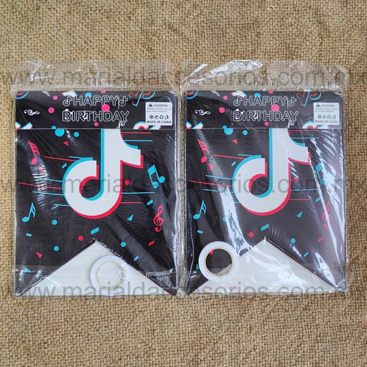 Banderín, Happy Birthday, Letras, Tik Tok, Color Negro, Blanco, Fiesta, Artículos para Fiesta, Decoración, Símbolos Musicales
