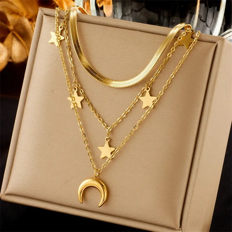 Stainless Steel Necklace, Boutique, Casual Style, Crescent, Star, Plated, Fine Jewelry, Unisex, Pendant, Layered