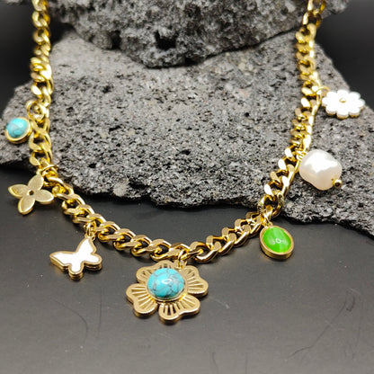 304 Stainless Steel Necklace, Gold Color, Modern Style, Trend, Charms, Multicolor, Artificial Stones, Unisex