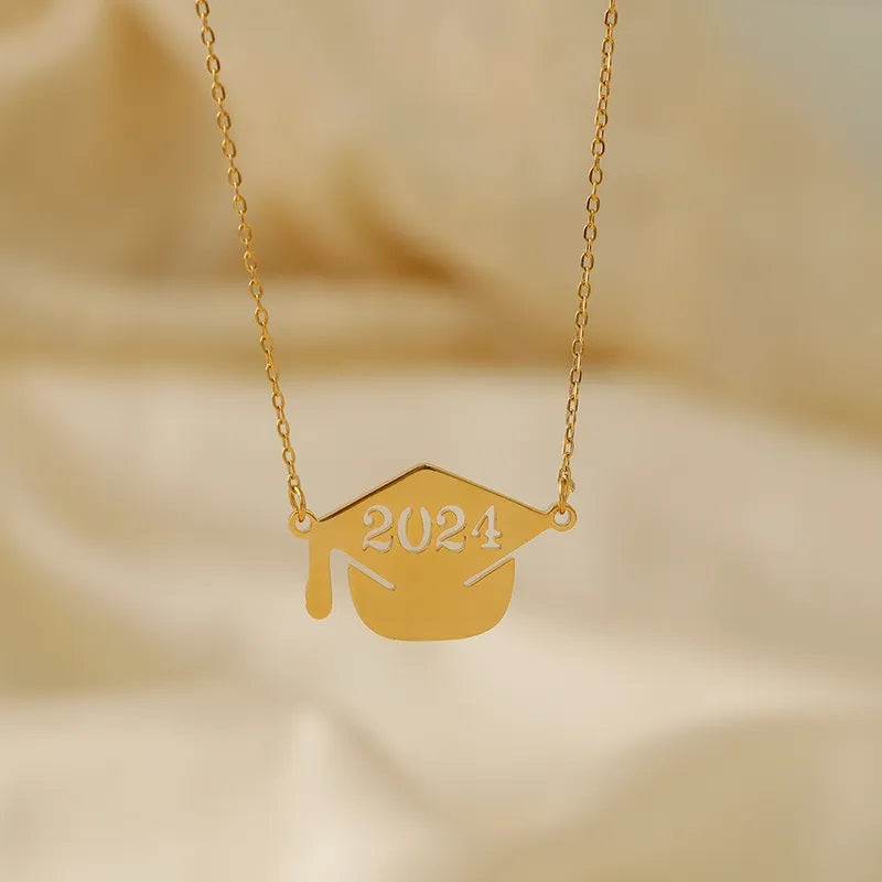 Stainless Steel Necklace, Boutique, Graduation, 2024, Casual Style, Cap, Numbers, Plated, Fine Jewelry, Unisex, Pendant
