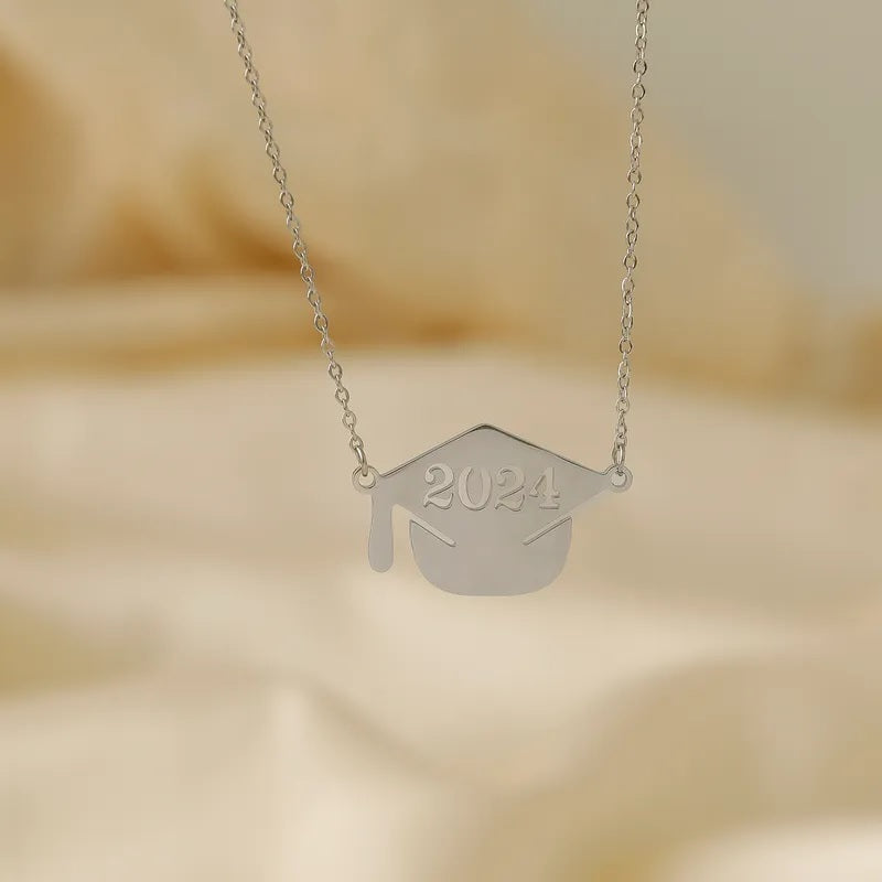 Stainless Steel Necklace, Boutique, Graduation, 2024, Casual Style, Cap, Numbers, Plated, Fine Jewelry, Unisex, Pendant