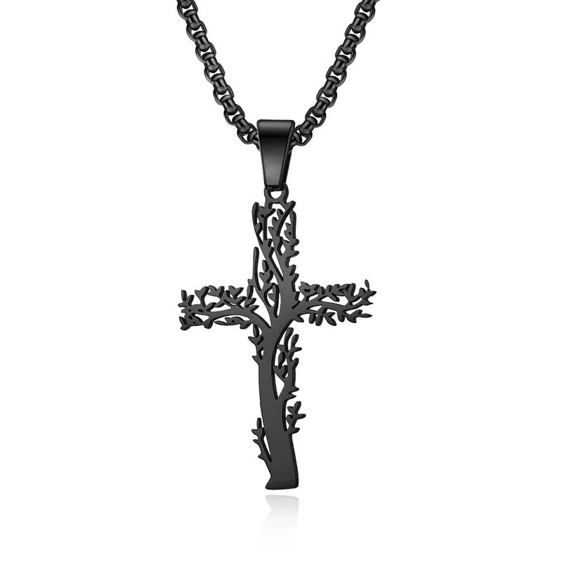 Collar de Acero Inoxidable, Boutique, Estilo Religioso, Pulido, Bisutería Fina, Suajado, Unisexo, Colgante, Cruz, Árbol de la Suerte