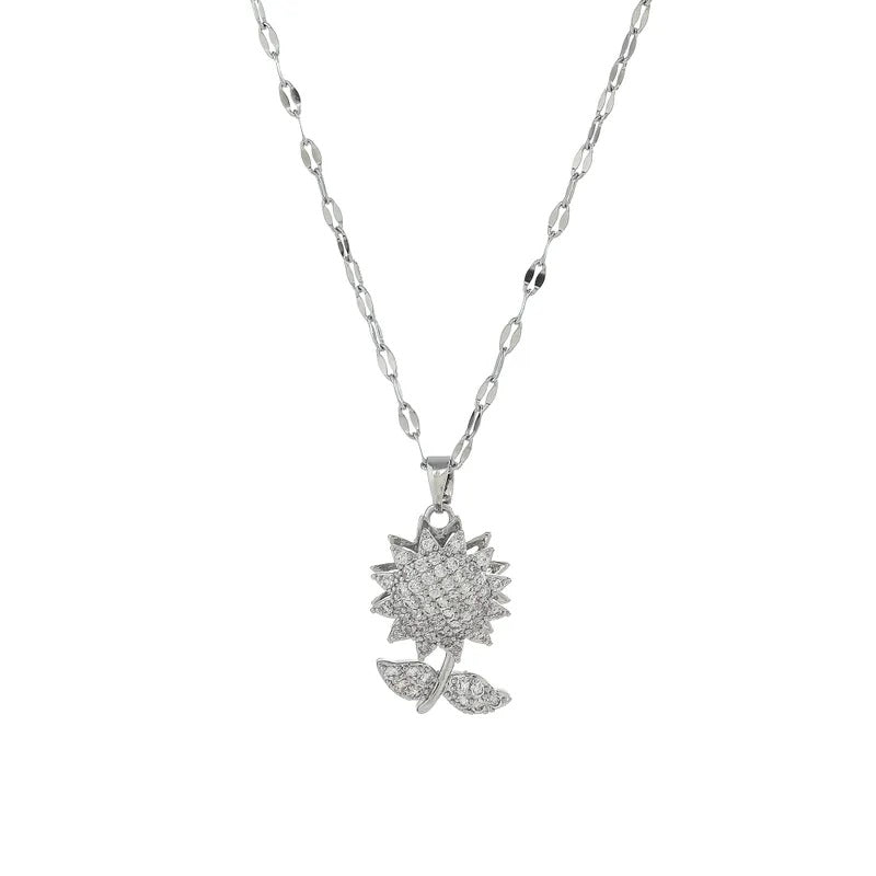 Collar de Acero Inoxidable, Boutique, Estilo Elegante, Flor, Enchapado, Girasol Giratorio, Brillante, Bisutería Fina, Circón, Unisexo, Colgante