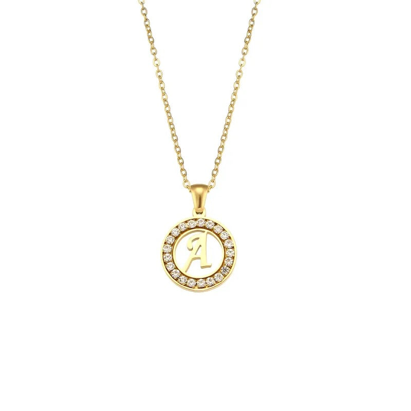 Stainless Steel Necklace, Round Inlaid, Boutique, Elegant Style, Zircon, Alphabet, Plated, Letter, Initial, Die-cut, Fine Jewelry, Unisex, Alphabet, Pendant