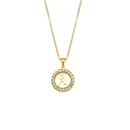 Stainless Steel Necklace, Round Inlaid, Boutique, Elegant Style, Zircon, Alphabet, Plated, Letter, Initial, Die-cut, Fine Jewelry, Unisex, Alphabet, Pendant