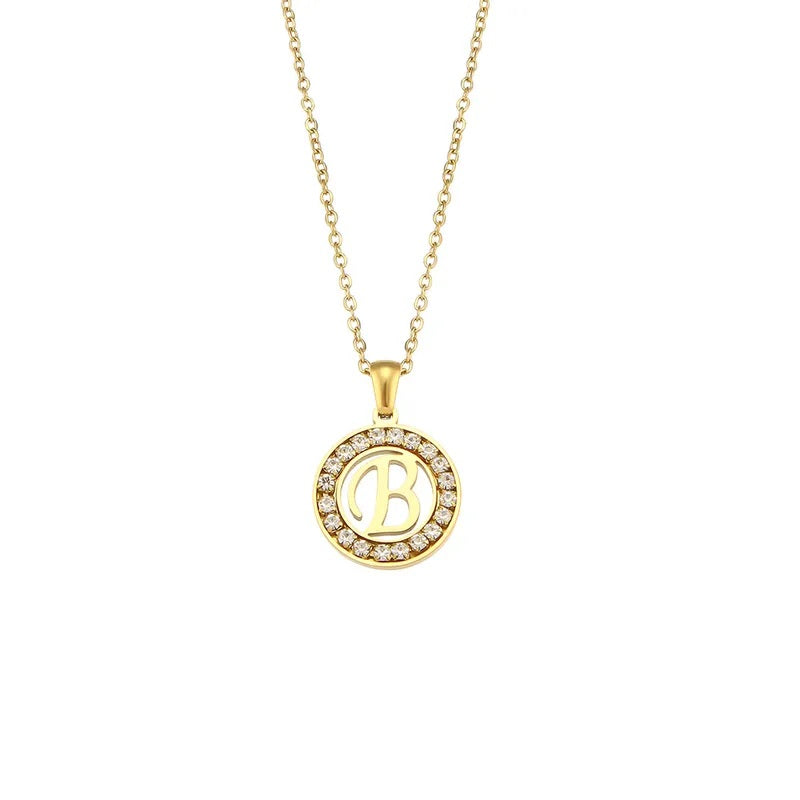Stainless Steel Necklace, Round Inlaid, Boutique, Elegant Style, Zircon, Alphabet, Plated, Letter, Initial, Die-cut, Fine Jewelry, Unisex, Alphabet, Pendant