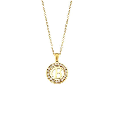 Stainless Steel Necklace, Round Inlaid, Boutique, Elegant Style, Zircon, Alphabet, Plated, Letter, Initial, Die-cut, Fine Jewelry, Unisex, Alphabet, Pendant
