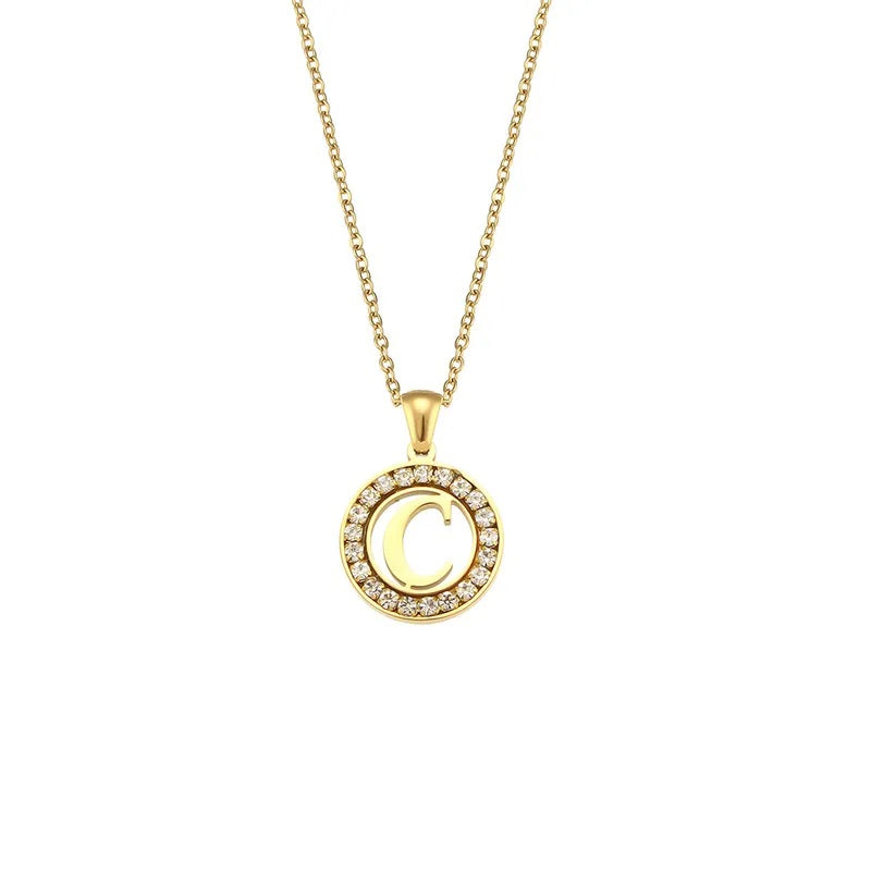 Stainless Steel Necklace, Round Inlaid, Boutique, Elegant Style, Zircon, Alphabet, Plated, Letter, Initial, Die-cut, Fine Jewelry, Unisex, Alphabet, Pendant