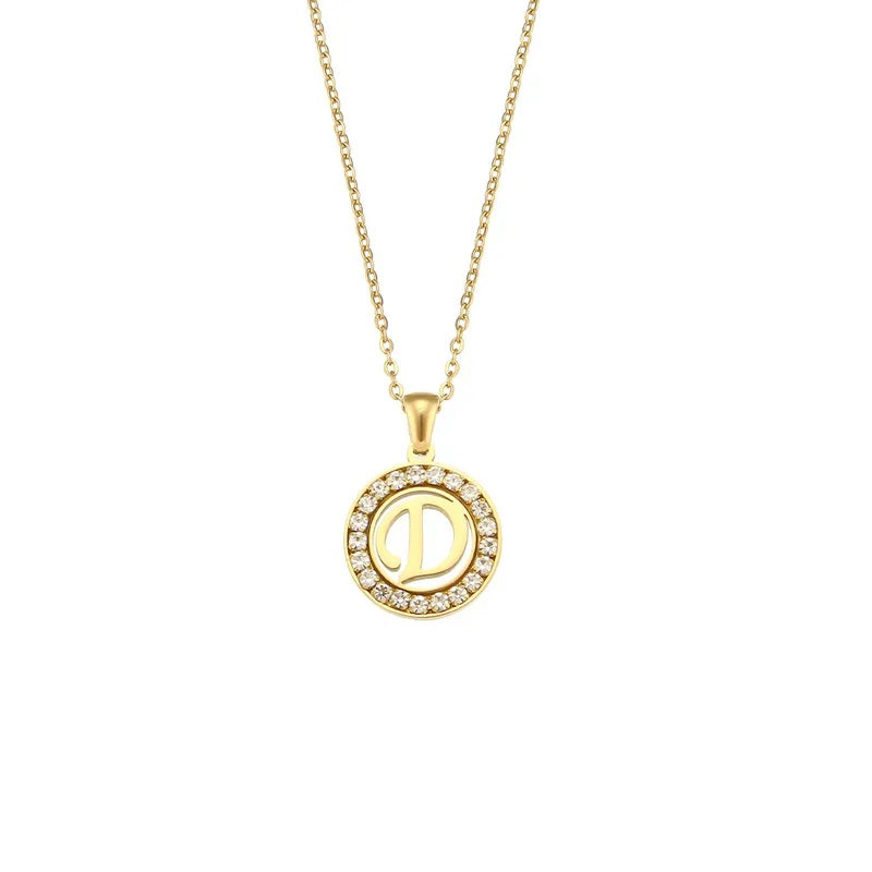 Stainless Steel Necklace, Round Inlaid, Boutique, Elegant Style, Zircon, Alphabet, Plated, Letter, Initial, Die-cut, Fine Jewelry, Unisex, Alphabet, Pendant
