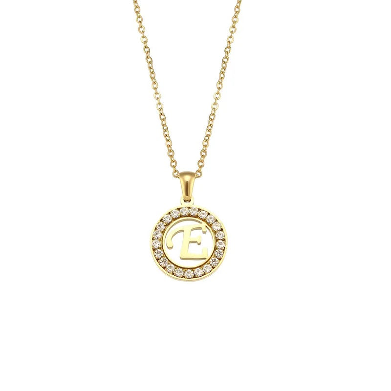 Stainless Steel Necklace, Round Inlaid, Boutique, Elegant Style, Zircon, Alphabet, Plated, Letter, Initial, Die-cut, Fine Jewelry, Unisex, Alphabet, Pendant