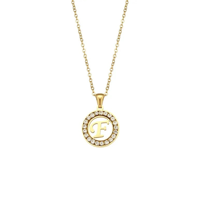 Stainless Steel Necklace, Round Inlaid, Boutique, Elegant Style, Zircon, Alphabet, Plated, Letter, Initial, Die-cut, Fine Jewelry, Unisex, Alphabet, Pendant
