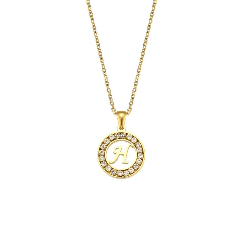 Stainless Steel Necklace, Round Inlaid, Boutique, Elegant Style, Zircon, Alphabet, Plated, Letter, Initial, Die-cut, Fine Jewelry, Unisex, Alphabet, Pendant