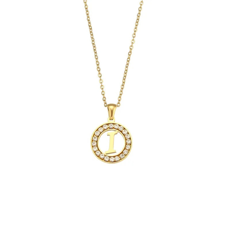 Stainless Steel Necklace, Round Inlaid, Boutique, Elegant Style, Zircon, Alphabet, Plated, Letter, Initial, Die-cut, Fine Jewelry, Unisex, Alphabet, Pendant