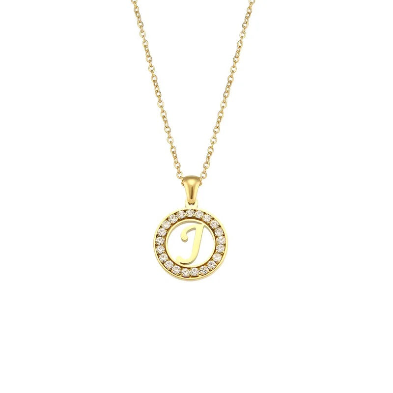 Stainless Steel Necklace, Round Inlaid, Boutique, Elegant Style, Zircon, Alphabet, Plated, Letter, Initial, Die-cut, Fine Jewelry, Unisex, Alphabet, Pendant