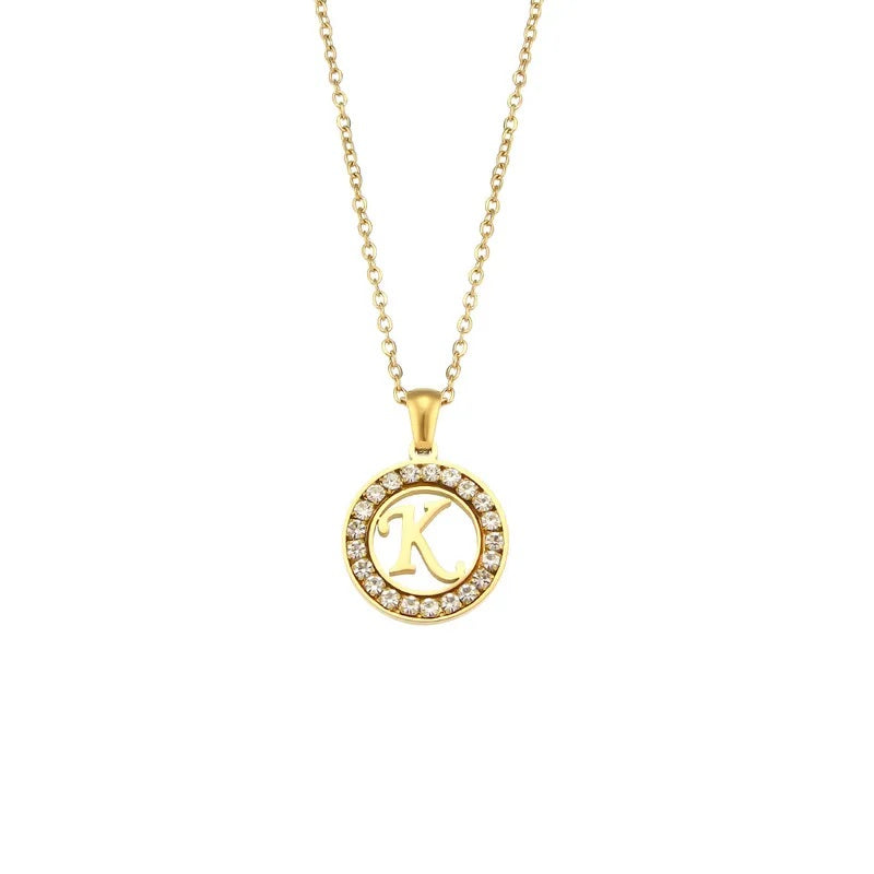 Stainless Steel Necklace, Round Inlaid, Boutique, Elegant Style, Zircon, Alphabet, Plated, Letter, Initial, Die-cut, Fine Jewelry, Unisex, Alphabet, Pendant