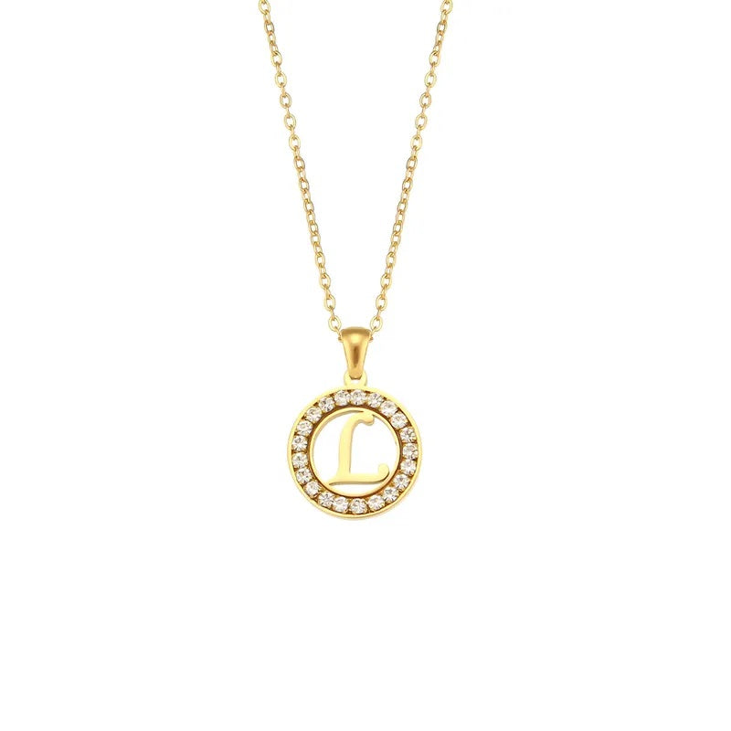 Stainless Steel Necklace, Round Inlaid, Boutique, Elegant Style, Zircon, Alphabet, Plated, Letter, Initial, Die-cut, Fine Jewelry, Unisex, Alphabet, Pendant
