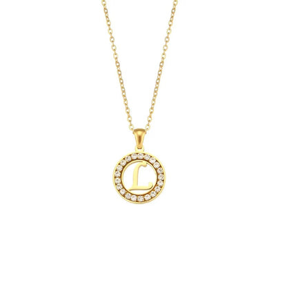 Stainless Steel Necklace, Round Inlaid, Boutique, Elegant Style, Zircon, Alphabet, Plated, Letter, Initial, Die-cut, Fine Jewelry, Unisex, Alphabet, Pendant