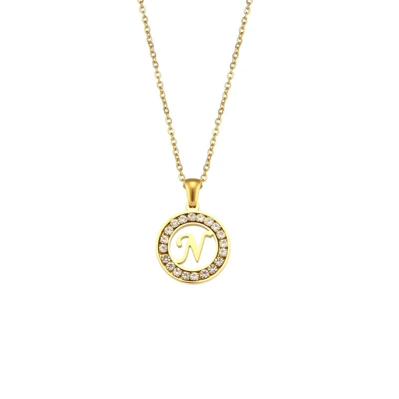 Stainless Steel Necklace, Round Inlaid, Boutique, Elegant Style, Zircon, Alphabet, Plated, Letter, Initial, Die-cut, Fine Jewelry, Unisex, Alphabet, Pendant